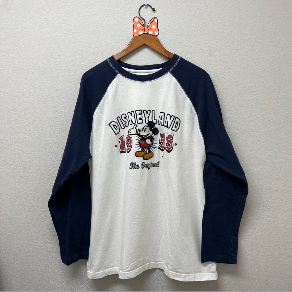 DISNEY PARKS Retro Long Sleeve White & Navy Jersey Embroidered Mickey Mouse XL